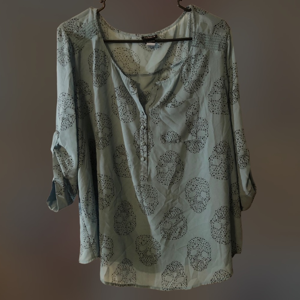 Torrid 1 Dusty Blue - Starry Skull Semi-Sheer Blouse; 3/4 sleeves